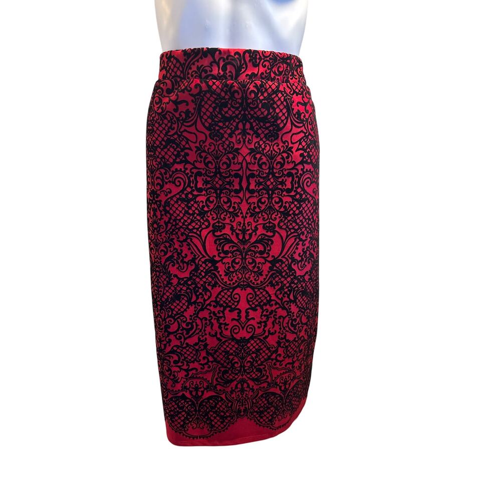Melissa Paige Women’s Plus 2X Skirt Red Black Brocade Pencil Stretch
